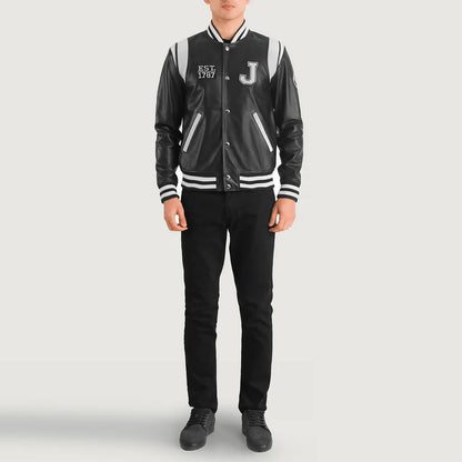 Liberte New Jersey Men Black Leather Varsity Jacket