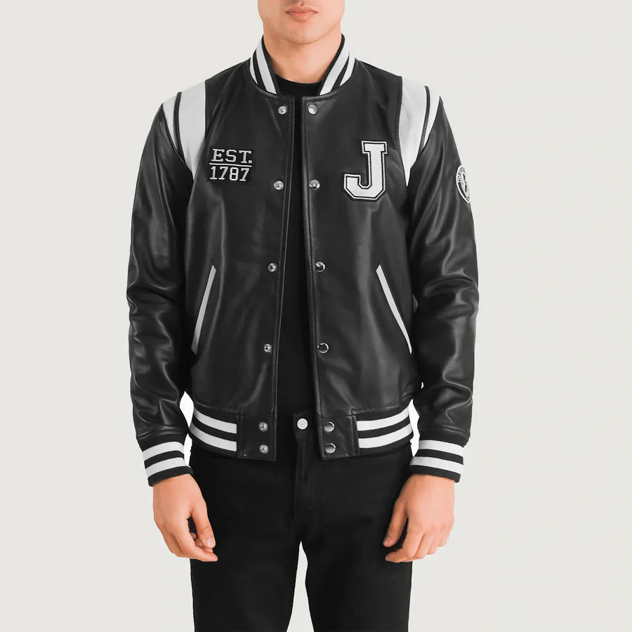 Liberte New Jersey Men Black Leather Varsity Jacket