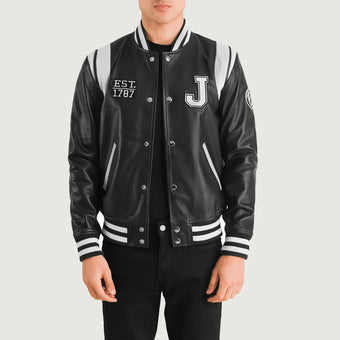 Liberte New Jersey Men Black Leather Varsity Jacket