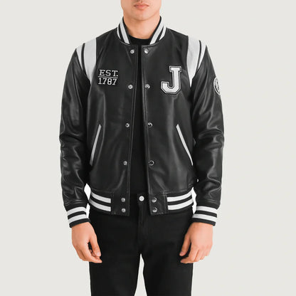 Liberte New Jersey Men Black Leather Varsity Jacket