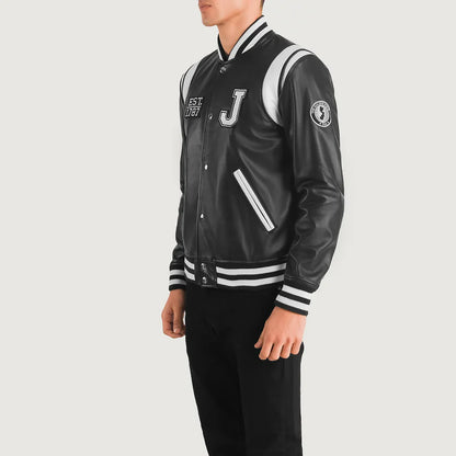 Liberte New Jersey Men Black Leather Varsity Jacket