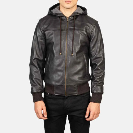 Men's Brown Hooded Leather Bomber Jacket