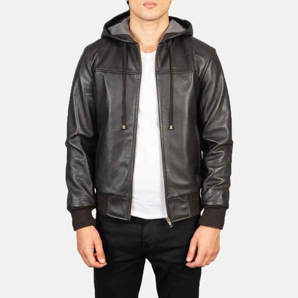 Men's Brown Hooded Leather Bomber Jacket