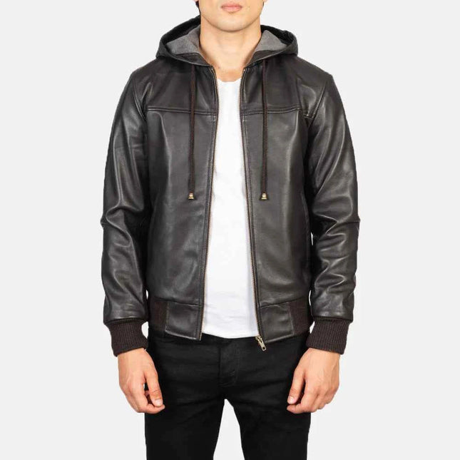 Men's Brown Hooded Leather Bomber Jacket