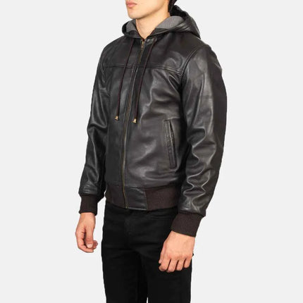 Men's Brown Hooded Leather Bomber Jacket