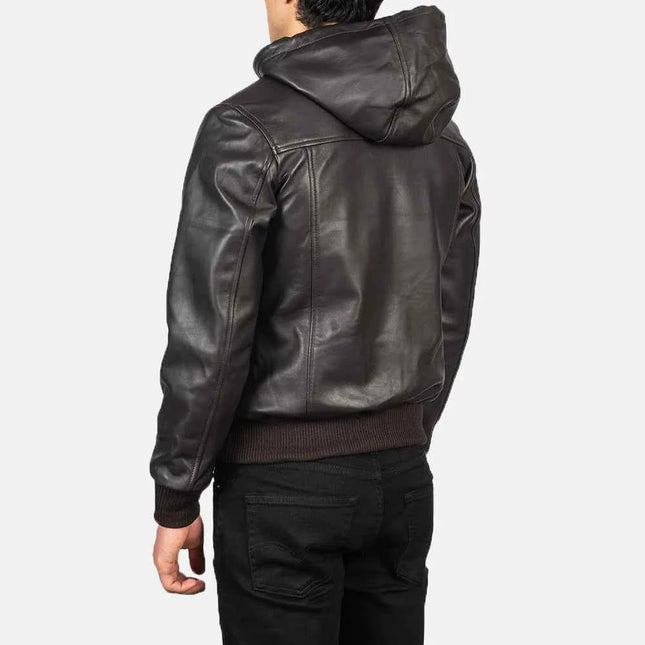 Men's Brown Hooded Leather Bomber Jacket