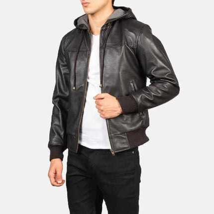 Men's Brown Hooded Leather Bomber Jacket
