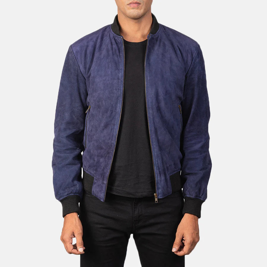 Slate Blue Men Suede Bomber Jacket