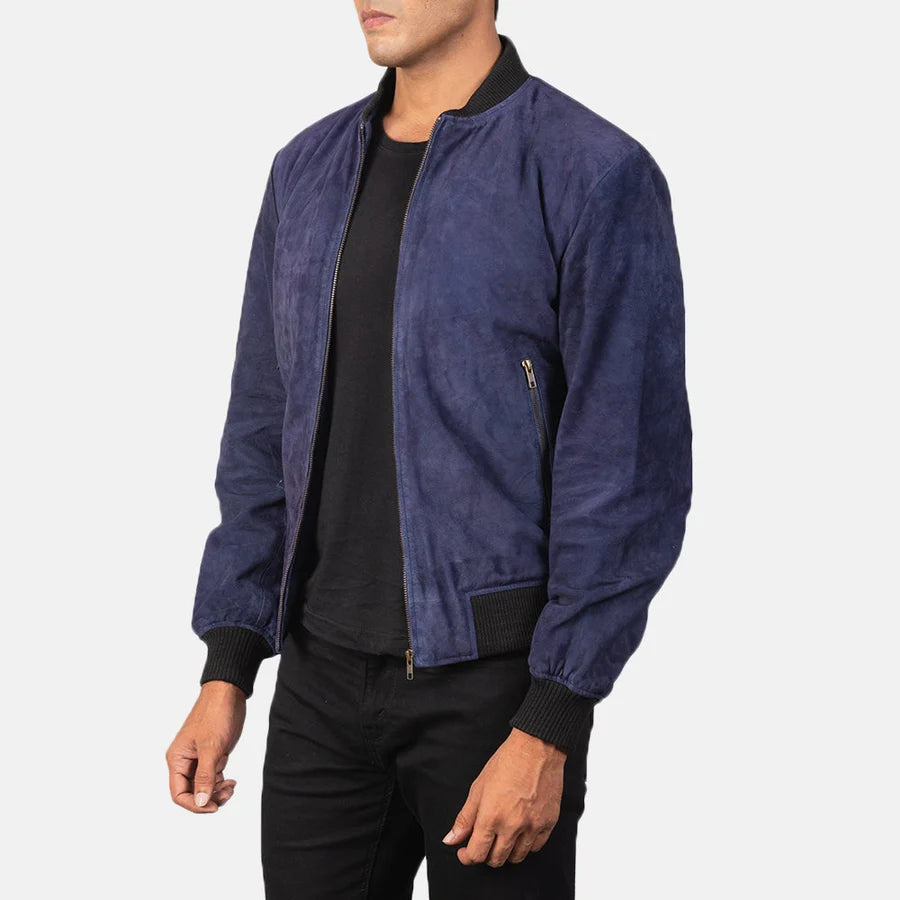 Slate Blue Men Suede Bomber Jacket