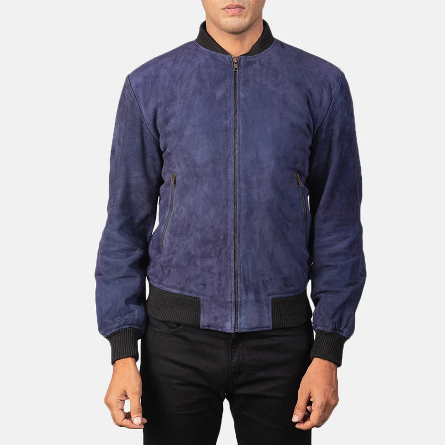 Slate Blue Men Suede Bomber Jacket