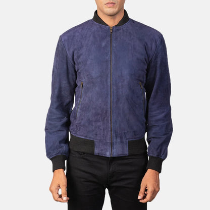 Slate Blue Men Suede Bomber Jacket