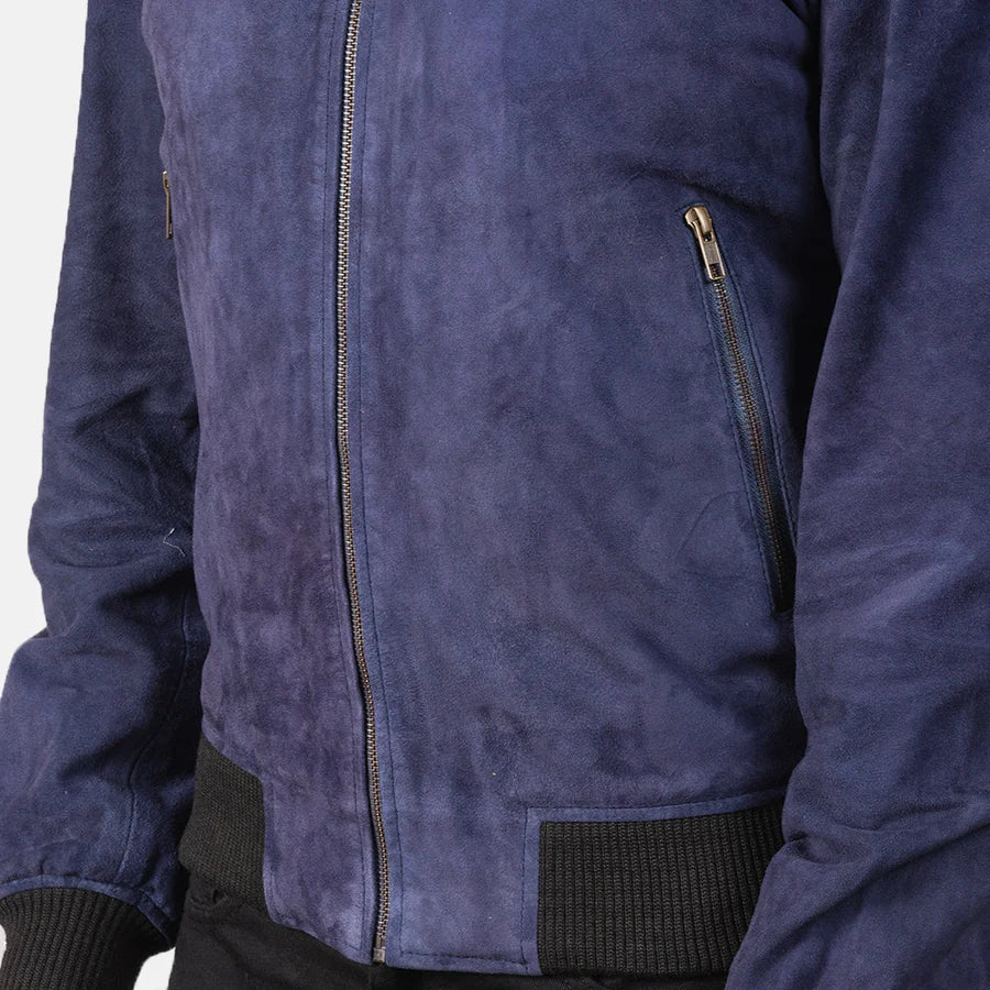 Slate Blue Men Suede Bomber Jacket