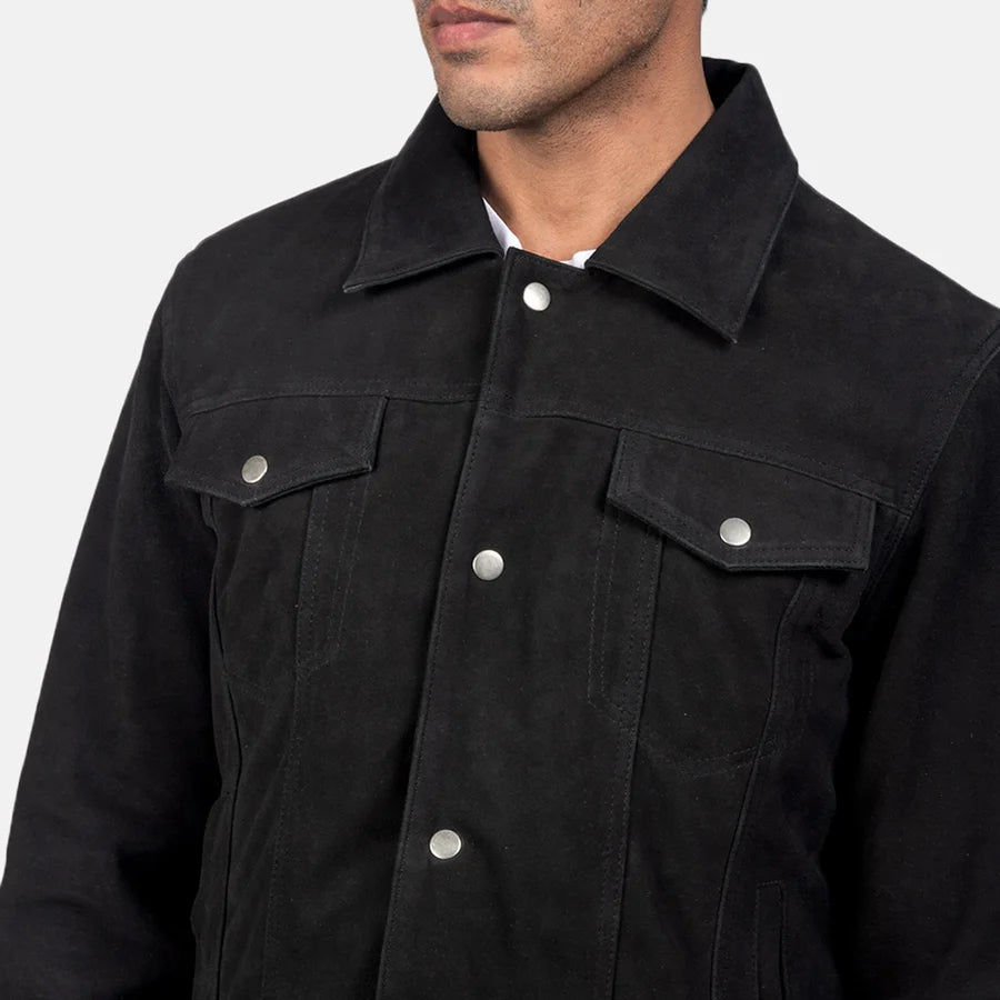Men Black Suede Trucker Jacket