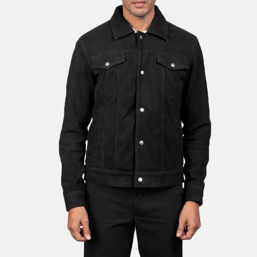 Men Black Suede Trucker Jacket