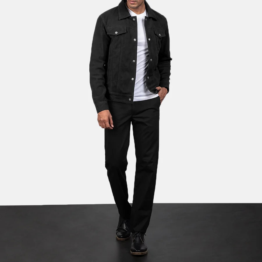Men Black Suede Trucker Jacket
