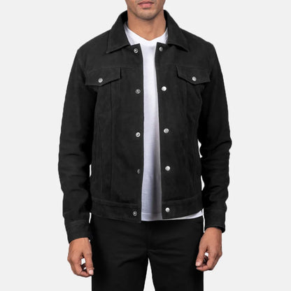 Men Black Suede Trucker Jacket