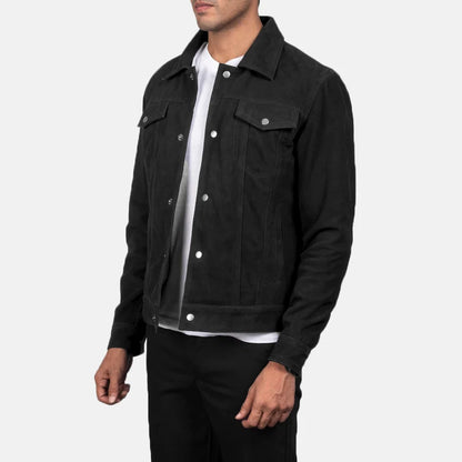 Men Black Suede Trucker Jacket