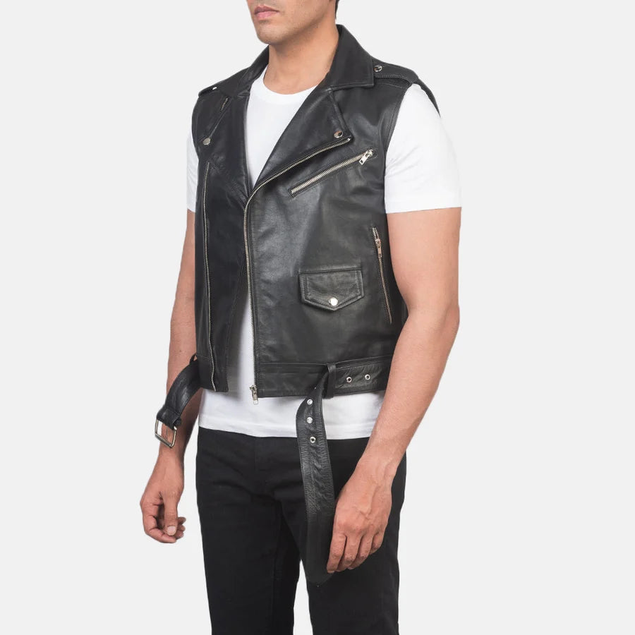 Men Black Leather Biker Vest