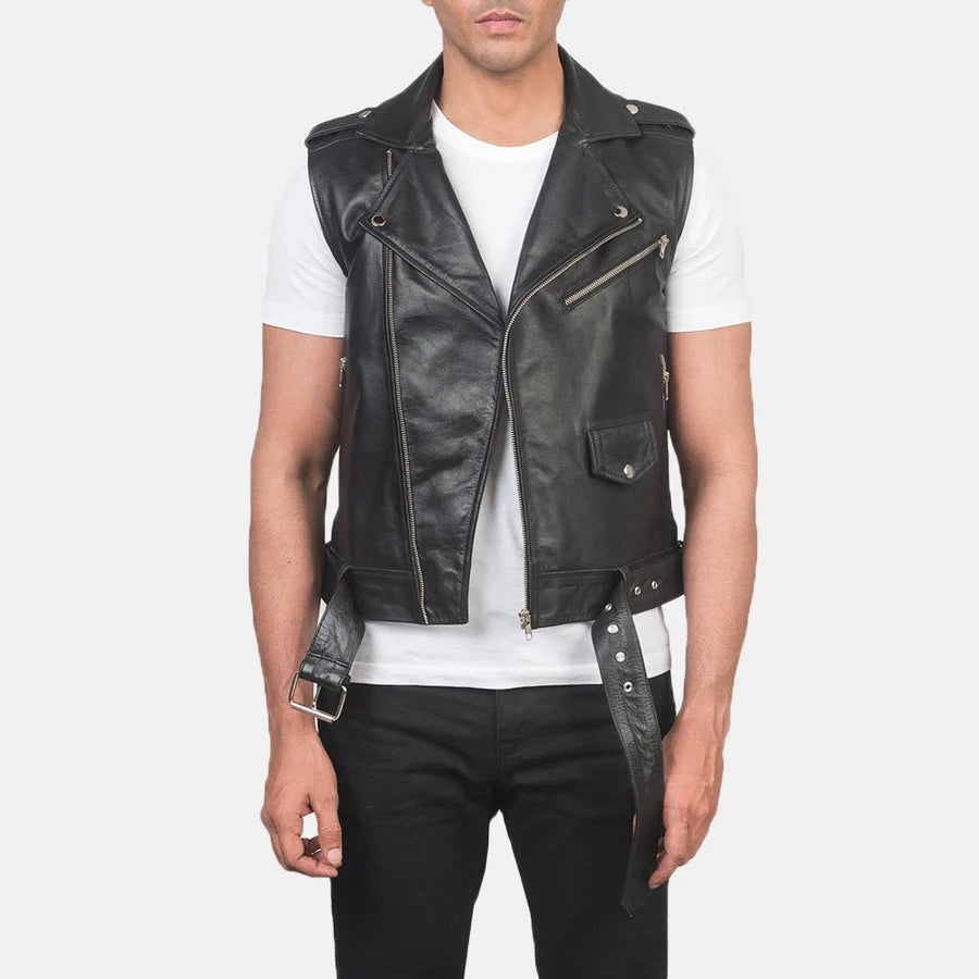 Men Black Leather Biker Vest