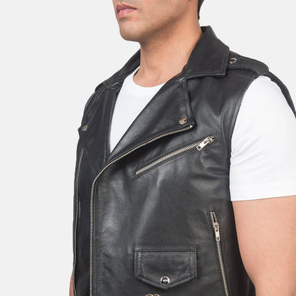 Men Black Leather Biker Vest