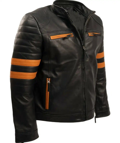 Harlan Striped Black Leather Racer Jacket