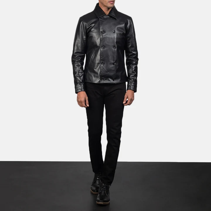 Harlow Tailored Black Leather Peacoat