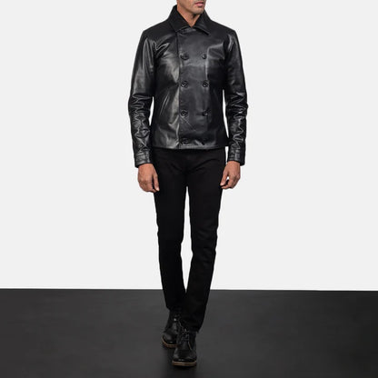 Harlow Tailored Black Leather Peacoat