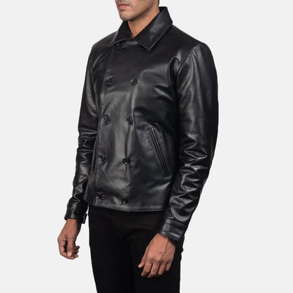 Harlow Tailored Black Leather Peacoat