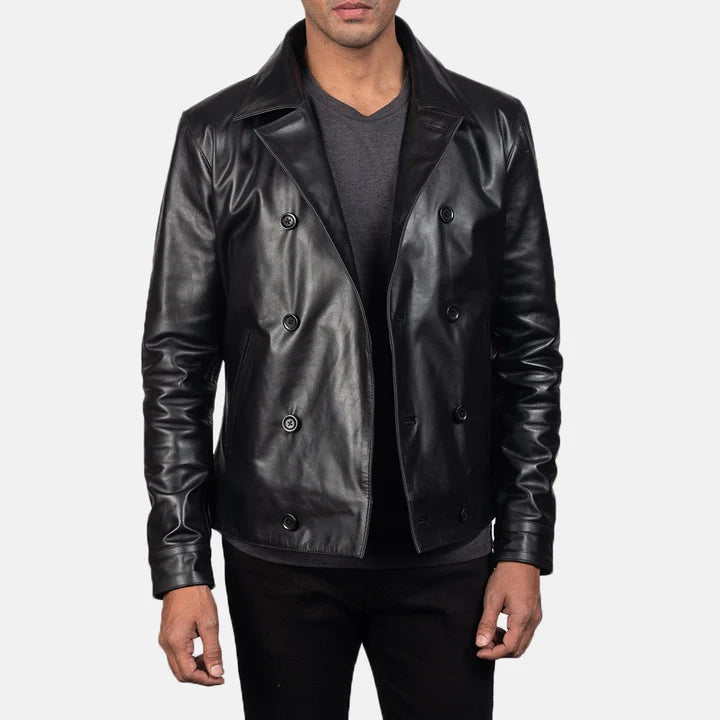 Harlow Tailored Black Leather Peacoat