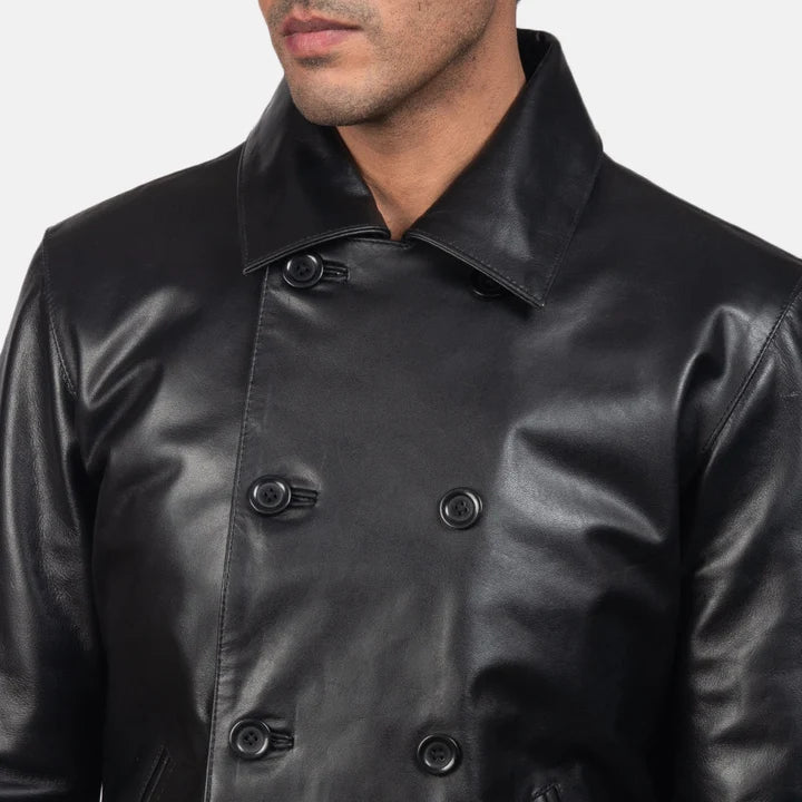 Harlow Tailored Black Leather Peacoat