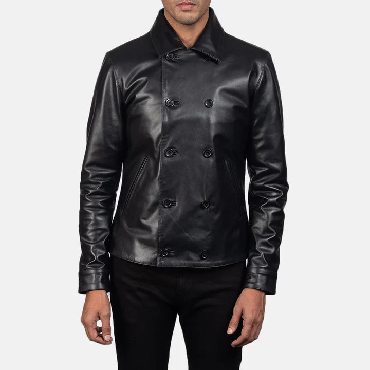 Harlow Tailored Black Leather Peacoat