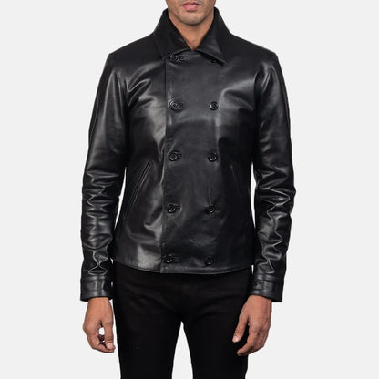 Harlow Tailored Black Leather Peacoat