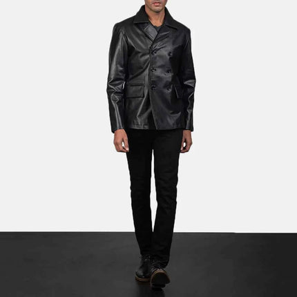 Men New Mr. Bailey Black Leather Naval Peacoat