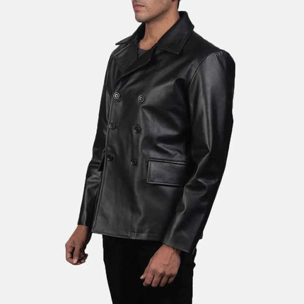 Men New Mr. Bailey Black Leather Naval Peacoat