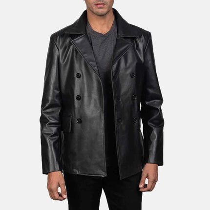 Men New Mr. Bailey Black Leather Naval Peacoat