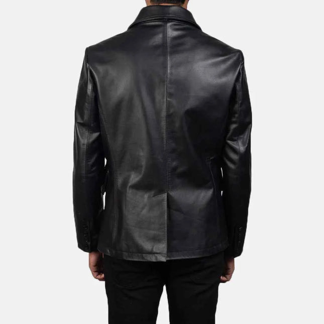 Men New Mr. Bailey Black Leather Naval Peacoat