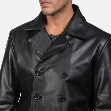 Men New Mr. Bailey Black Leather Naval Peacoat