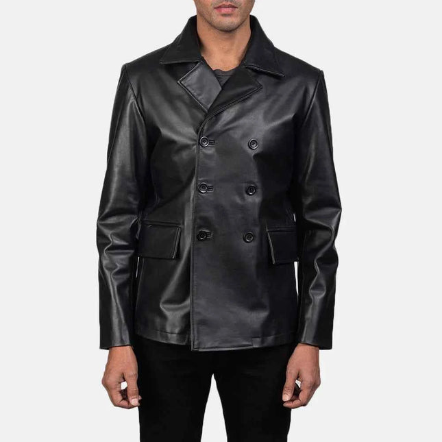 Men New Mr. Bailey Black Leather Naval Peacoat