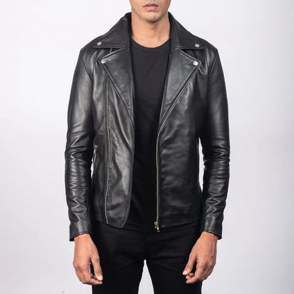 Black leather jacket worn by a person on a white background