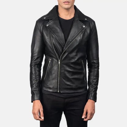 Black leather jacket worn by a person on a white background
