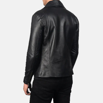 Black leather jacket worn by a person on a white background