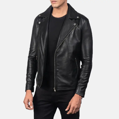 Man wearing a black leather jacket on a white background