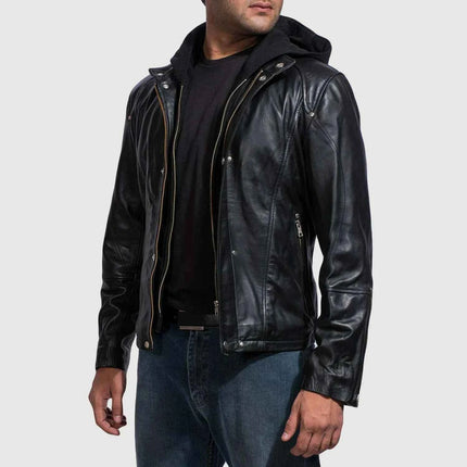 Men's Highschool Black Hooded Leather Jacket
