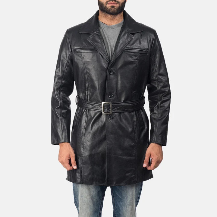 Ravenwood Belted Black Cowhide Leather Coat