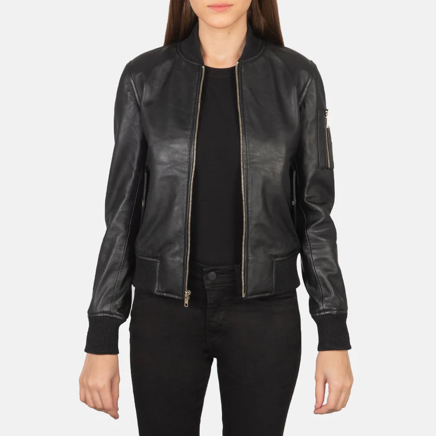 Ava Ma-1 Women Green Leather Bomber Jacket