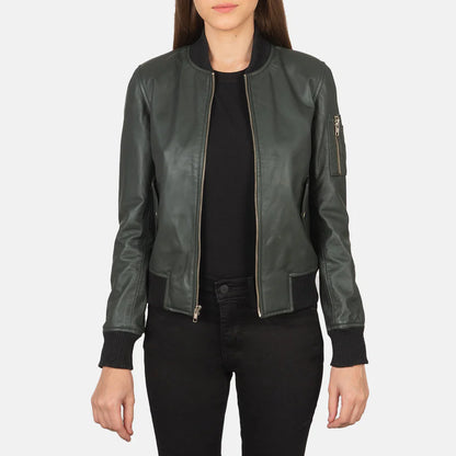 Ava Ma-1 Women Green Leather Bomber Jacket