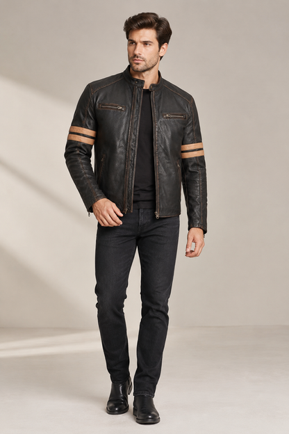 Kestrel Black Cafe Racer Jacket with Stripes