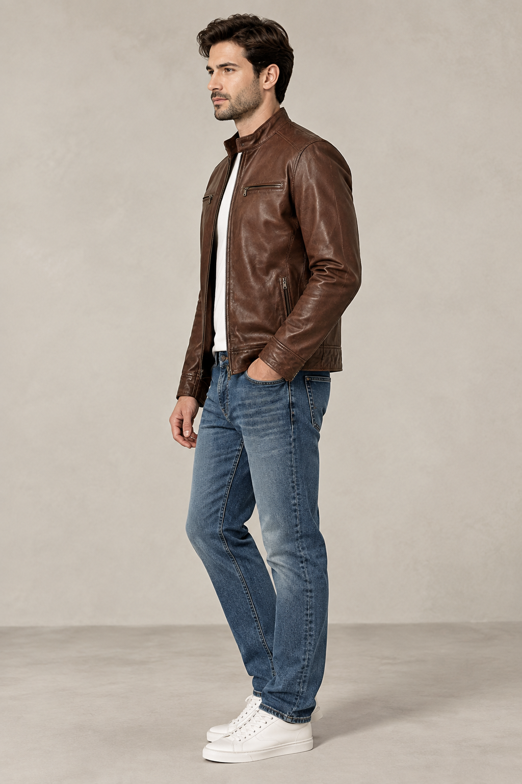 Rourke Men's Cognac Leather Cafe Racer Jacket