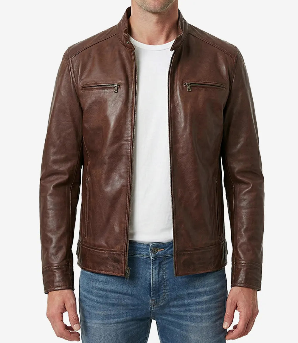 Rourke Men's Cognac Leather Cafe Racer Jacket