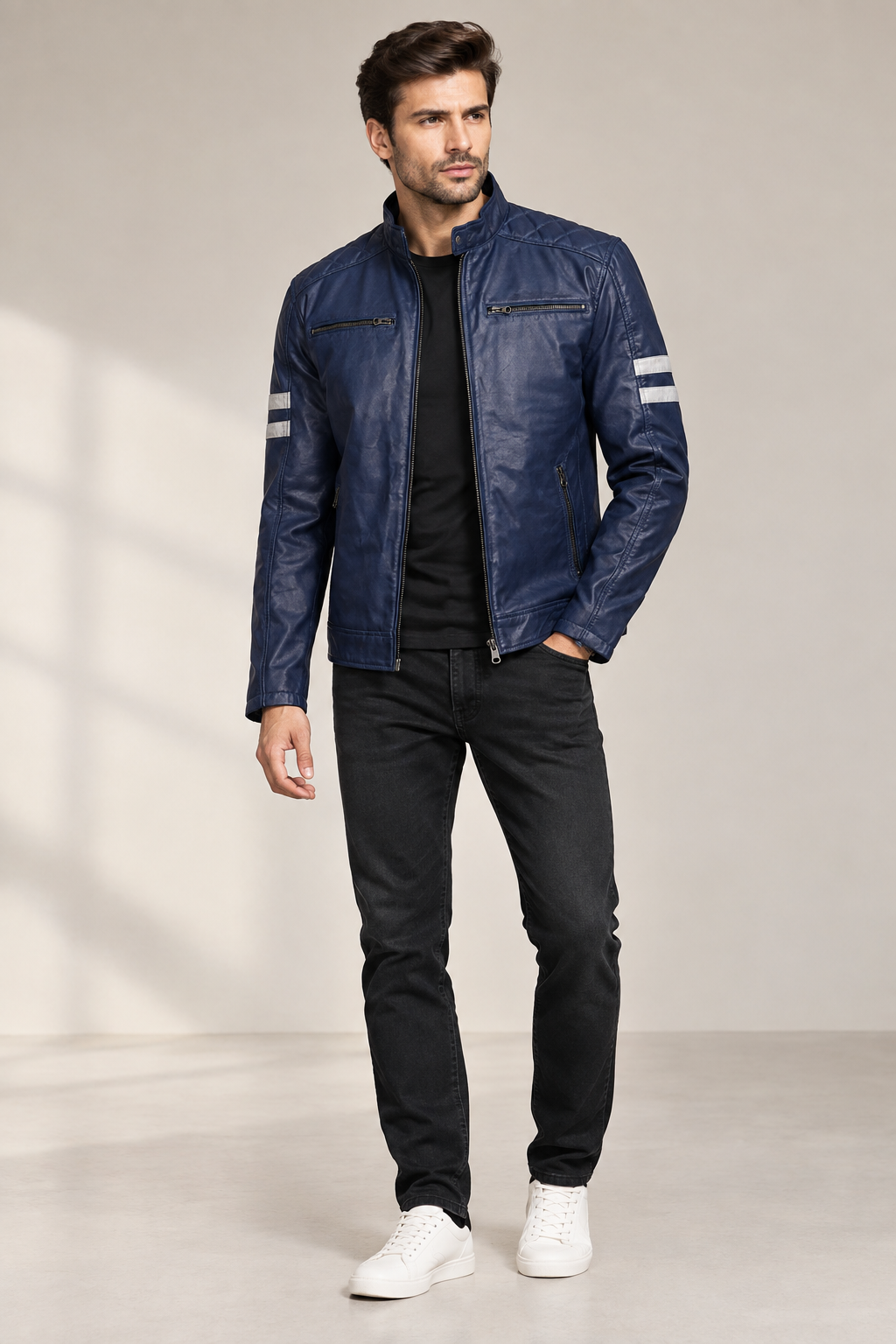 Marlowe Wax Cafe Racer Jacket with Stripes